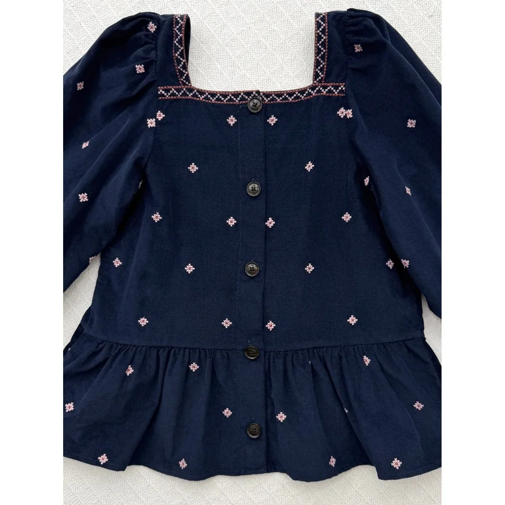 Madewell Embroidered Corduroy Button-Back Peplum Top Navy Puff Sleeve Small